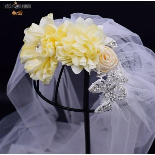TOPQUEEN VS260 Bridal Veil Flowers Beige European Wedding Veil with Sequins for Dance Wedding Veil with Crystal Edge Headpieces