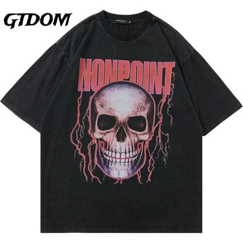 GTDOM Men Diablo High Street Punk Styele Human Skeleton Print Worn Out Wash Short Sleeve T-Short 2021 Summer New Hip Hop T-Shirt