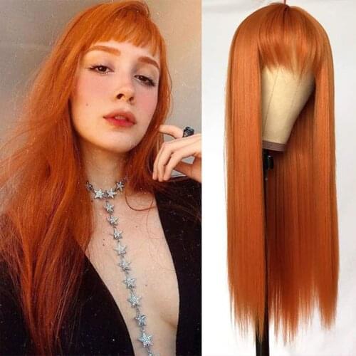 GENGDUO Orange Red Long Straight Hair with Bangs Cosplay Synthetic Wig Womens Heat-resistant Fiber Wig Daily Wear