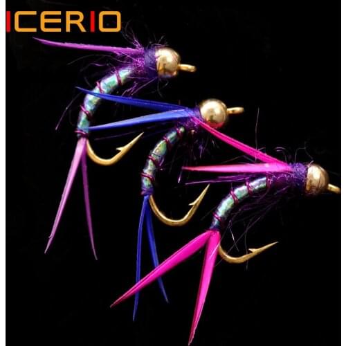 ICERIO 6PCS Brass Bead Head Crazy Purple Psycho Prince Nymphs Trout Fishing Fly Lures #12