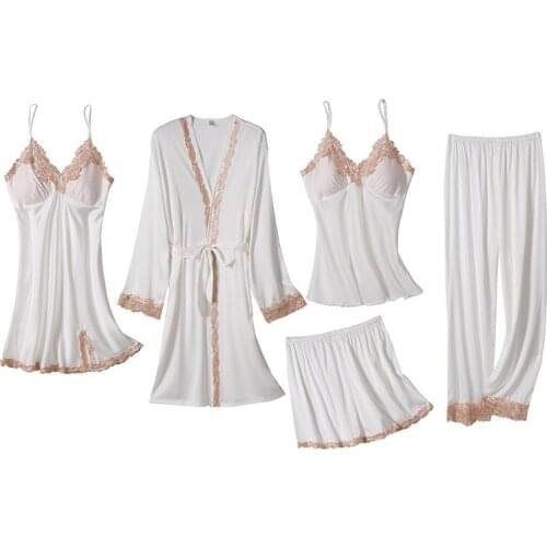5PCS Bride Wedding Bathrobe Gown Sets Sexy V-Neck Womens Lace Nighty Robe Nightgown Suit Spring Satin Sleepwear Home Wear Clothe