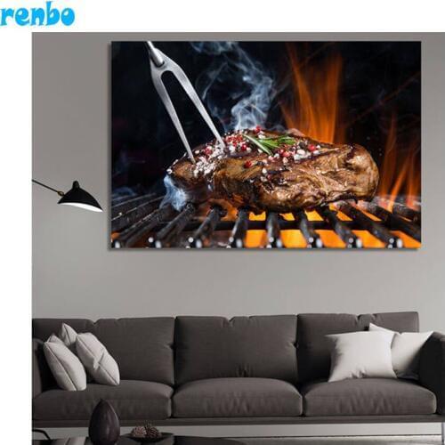 Kitchen decor,Grilled Beef Steak with Spices,Full square Diamond Painting Cross Stitch Rhinestones 5D Diamond Mosaic Embroidery