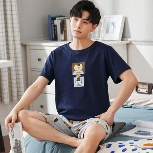 Summer Men Pajamas Set Cute Cartoon Print Blue Short Sleeve Sleepwear Soft Loose O-Neck Male Nightwear Plus Size Men 's Homewear