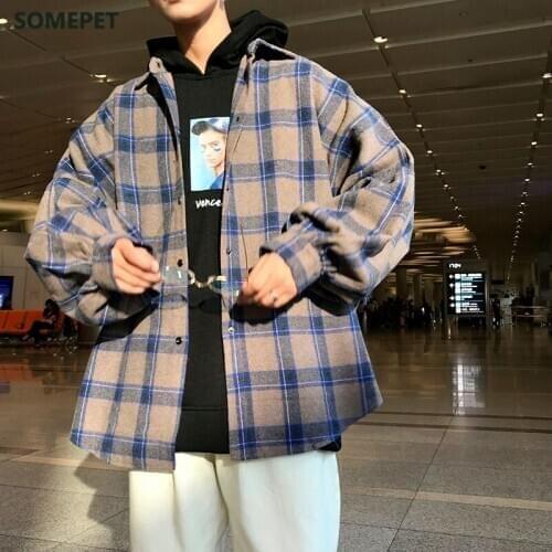 Men Harajuku Color Block Plaid Shirt 2020 Mens Streetwear Thick Shirts Long Sleeve Male Vintage Korean Fashions Clothes