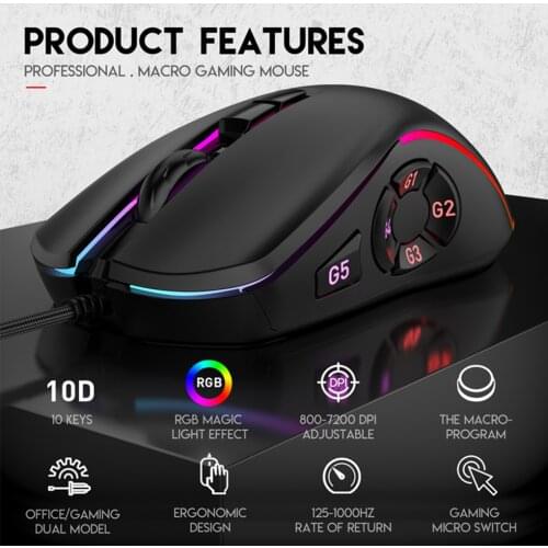Wired Mouse USB Optical Gaming Mouse Programmable Computer Game Mice 4 Adjustable DPI LED RGB Lights Macro Mouse