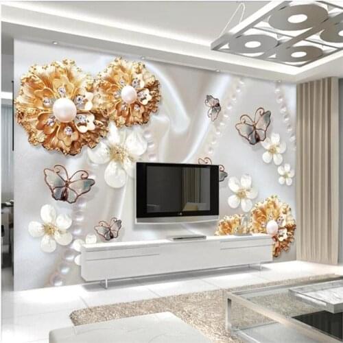 Custom wallpaper 3d murals gold jewelry flower butterfly 3d TV background wall living room bedroom wallpaper 3d papel de parede