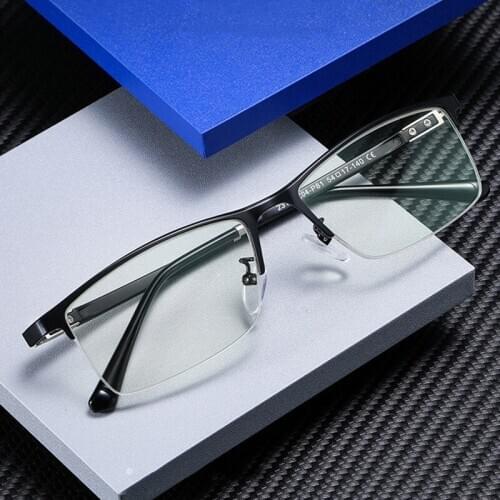 OEYEYEO New Business Mens Anti Blue Light Spectacle Frame Metal Square Half Rim Retro Myopia Eyeglasses TR90 Ultralight Temples