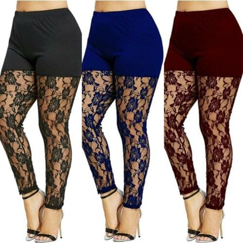 Plus Size Women Lace Hollow Out Leggings High Waist Pencil Pants Skinny Lace Floral Trouser Casual Style Womens Homewear