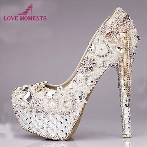 2018 Luxurious Bowtie Rhinestone Ultra High Heel Shoes Pearl Crystals Wedding Dress Shoes Beautiful Shoes for Bride Size 41