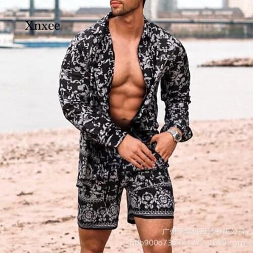 Fashion Lapel Print Long Sleeve Shirts Short Men Sets Summer 2021 Pants Casual Slim Fit Slim Beach Suit Trend Clothing Outfits