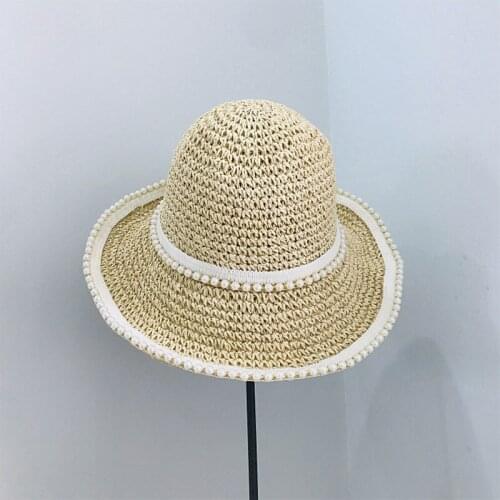 Womens Summer Hat Bucket Hat Crochet Pearl Decoration Sun Protection Cap Female Dome Beach Hat Packable Sun Hats Straw Hat