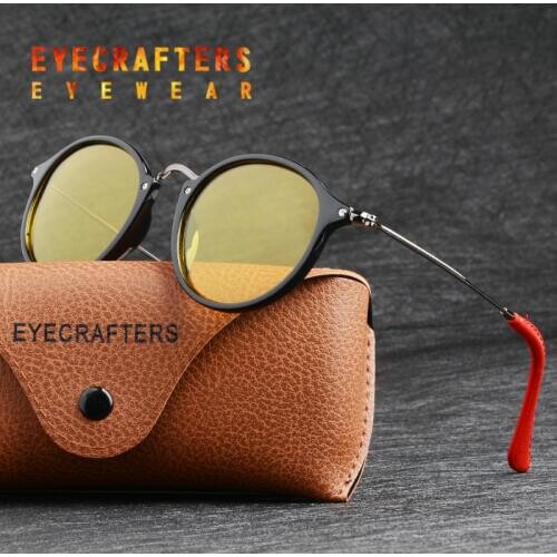 2020 Men Women Retro Night Vision TR+Stainless Steel Lightweight Driving Yellow Glasses Vintage Polarized Fleck Round Sunglasses