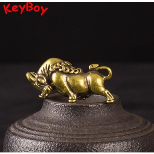 Vintage Brass Zodiac Animal Bull Figurines Keychain Pendants Jewelry Lucky Car Key Ring DIY Hanging Trinket Gift Fashion Keyring