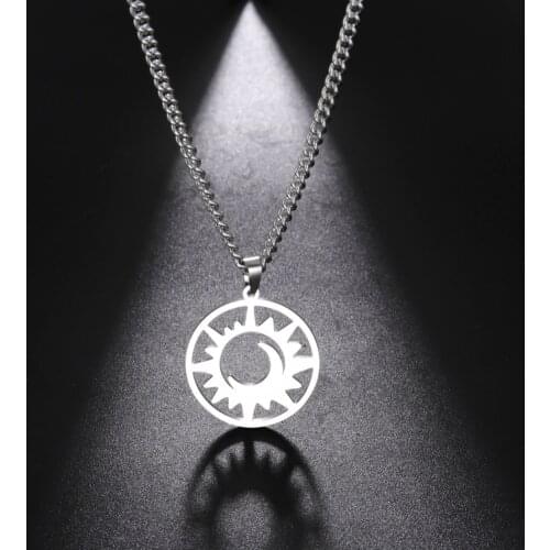 Teamer Hollow Moon Sun Necklace for Men Women Stainless Steel Pendant Necklace Viking Choker Jewelry Amulet Gifts Witch