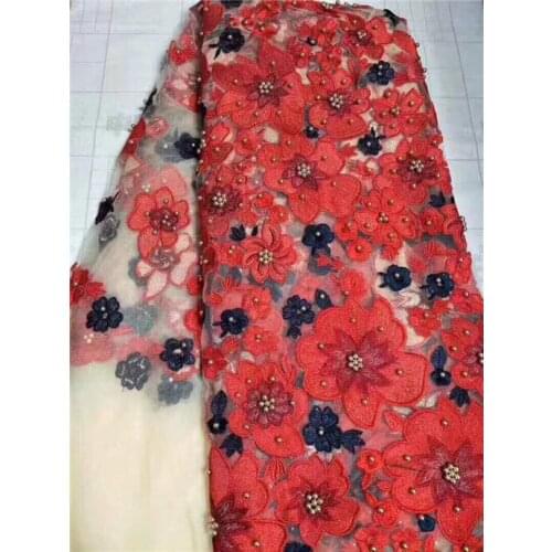 High Quality French Lace Fabric Latest 3D flower Embroidery Net Lace Fabrics with red, white Beaded for party dress