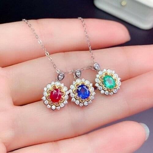 CoLife Jewelry Chrame Gemstone Necklace Pendant for Daily Wear 4*5mm Natural Ruby Emerald Sapphire Pendant Brithdaygift for Wife