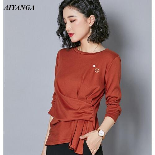 Autumn T Shirts Women 2019 Elegant Ladies Tshirt Long Sleeve Chic Beading Slim Spring Shirt Tops Female Plus Size T-Shirt