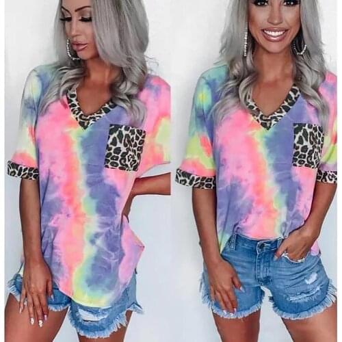 Rainbow Gradient Tie-dye Patchwork Leopard Print Pocket T-shirt Women V-neck Harajuku Vintage Female Short Sleeve T-shirts