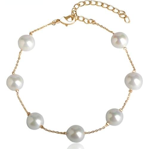 Blucome Sweet OL Style Thin Chain Round Simulated Pearl Bracelet Womens Wedding Party Banquet Elegant Accessories Female Gift