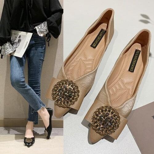 Microfiber rhinestone flower flats women leather knot spring single shoes shallow mouth crystal beading ballet flats ladies mule