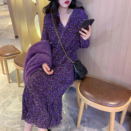 Woman Dresses Womens Purple Floral Fishtail Dress Spring and Autumn V-neck Chiffon Fairy Vestido De Mujer Femme Robe