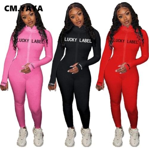 CMYAYA Autumn Knitted Lucky Label Embroidery Long Sleeve Zipper Jumpsuit Women Active Ribbed Moto Biker Romper One Piece Overall