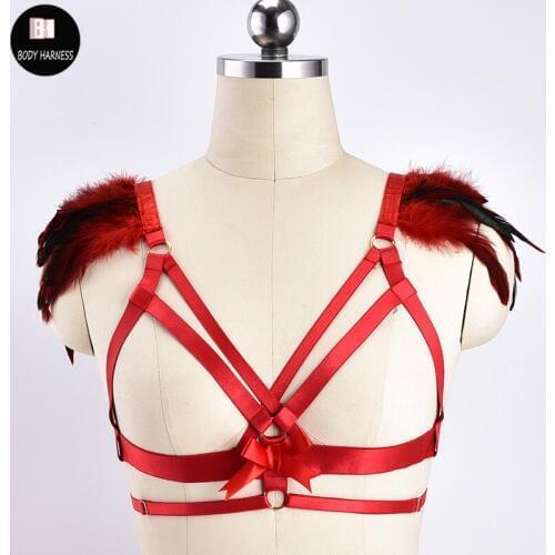 Goth Feather Feather Cage Bra Rave Body Harness Women Red Rave Wear Bondage Lingerie Crop Top Harness Bra Bow Body Cage