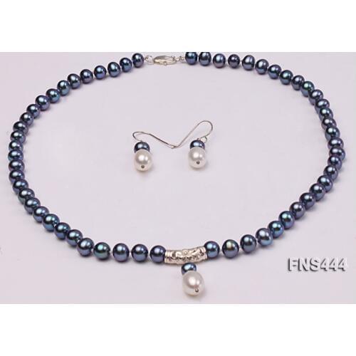 Women Jewelry Set 8-9mm Blue Black real pearl Choker necklace dangle earring highlight Natural Freshwater pearl