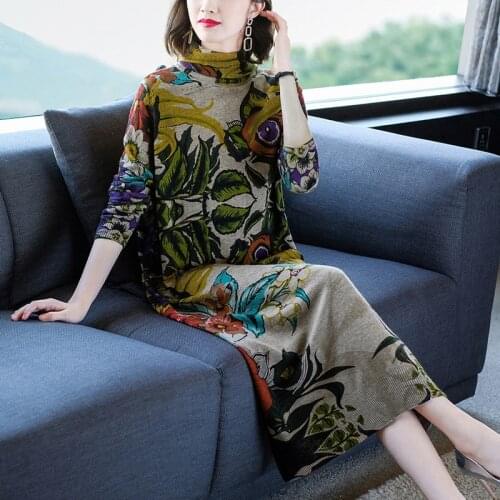 Plus Size Cashmere Long Sweater Dress 2021 Autumn Winter Women Big Floral Print Mid-Calf Casual Loose Knitted Jumper Dresses