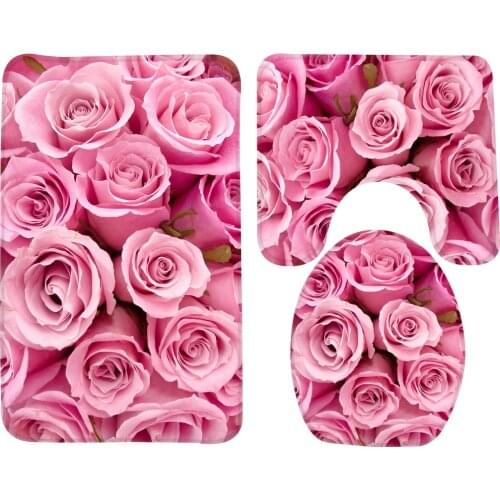 3pcs Bathroom Mat Set Pink Roses Pattern Bath Mat Anti Slip Shower Mat and Toilet Mat Bathroom Products
