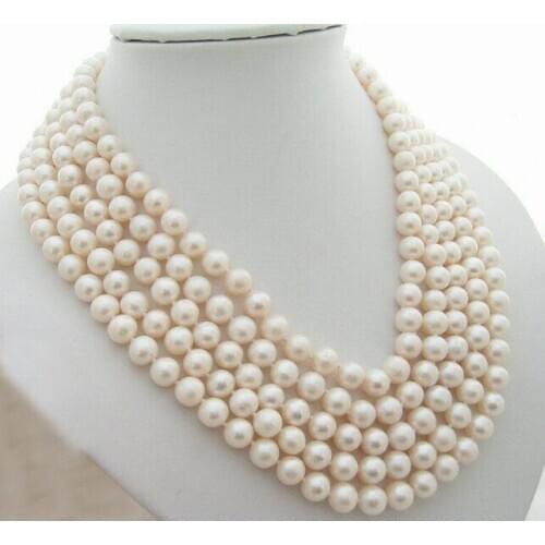 5 strands 9mm white real pearl 5 rows necklace natural freshwater pearl Woman Jewelry 35cm 43cm 17'' 14