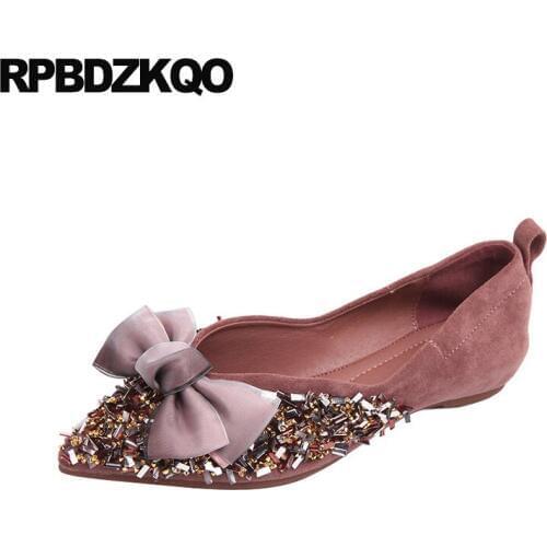 Glitter sequin slip on diamond pointed toe kawaii rhinestone crystal women flats shoes with little cute bowtie bow 5 purple