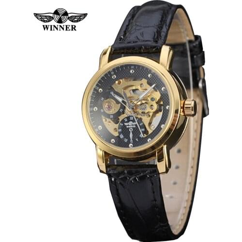 Winner Top brand women watches fashion skeleton dial leather strap lady female automatic mechanical watch women relogio femilino