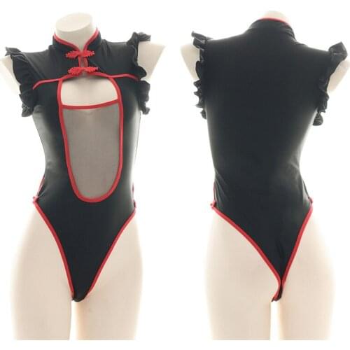 Black and Red Jumpsuit Rompers Lingerie Summer New Sexy Hollow Bodysuit Open Chest Cheongsam Cosplay Anime Costume
