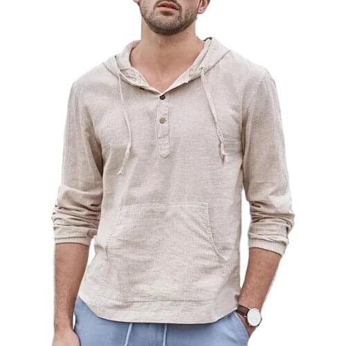 Custom long sleeve breathable striped hemp linen hoodie for men