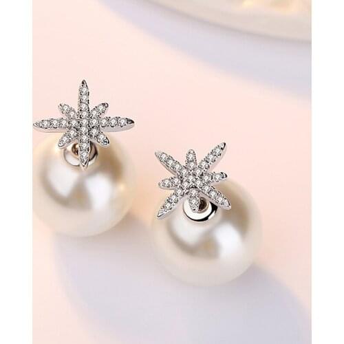 Elegant Charming Wedding Stud Earrings For Women Micro Crystal Pave Anise Star Pearl Back-Stud Piercing Earring Jewelry Gifts