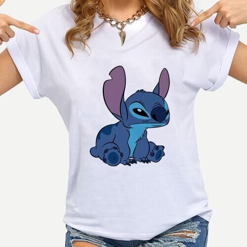 Disney Tees Women T Shirt Lilo & Stitch Print T-shirt Casual White Short Sleeve Tops Summer Brand Clothing Dropship