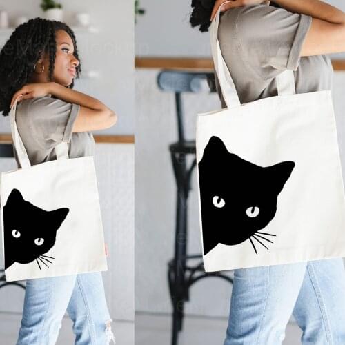 BLINGPAW Canvas Tote Bag Peeking Cat Print Funny 100% Cotton Pet Lovers Reusable Shopping Bag Eco