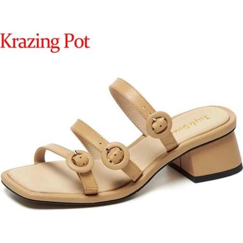 Krazing Pot genuine leather square toe med heels simple style streetwear cozy adjust pin buckle slip on mules women sandals L7f3