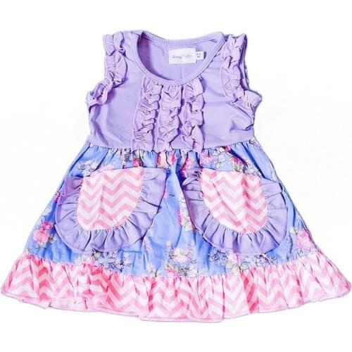Baby girl summer purple tops multi flower pattern lovely dress Colorful tank dresses with pink zigzag ruffles