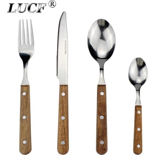 LUCF Hot Style Stainless Steel Western Wood Handle Cutlery Popular Portable Dinnerware Tableware good performance for family