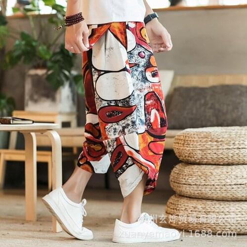 Men Wide Leg Trousers Male Drop Crotch HipHop Man Joggers Calf-Length Pants Track Pant Chinese Style Summer Men Linen Pants 2021