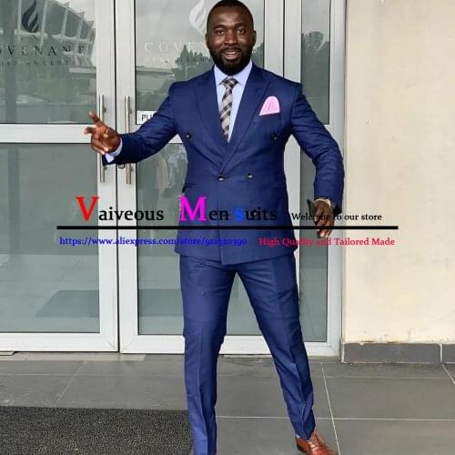 Dark Blue Men Suits 2 Pieces Double Buttons Custom Made Groomsmen Suits Casual Tuxedos Peaked Lapel Blazer Business Coat+Pant