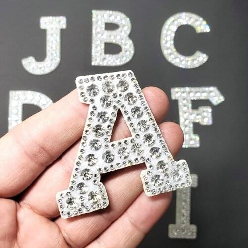 A-Z White Clear Rhinestone Letter Iron on Patches for Clothing Bling English Alphabet Logo Applique Stripes DIY Clothes Sticker