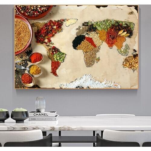 Grains Spices Spoon Map Wall Art Poster and Prints Seasoning Food Pictures on Canvas Painting for Living Room Home Decoration