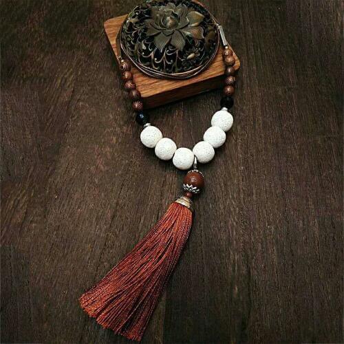 BOEYCJR Yoga Jewelry Lava Stone Tassel Meditation Necklace Handmade Vintage Ethnic Pendant Collar Necklaces for Women