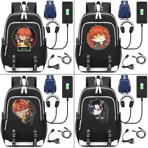 Anime Mystic Messenger 707 Backpack USB Charging Port Headphone Interface Unisex Laptop Travel Bags College Student Schoolbag