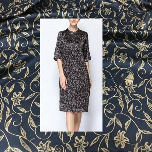 Branch vine flower inkjet navy blue heavy stretch silk dress stain digital printing natural mulberry silk fashion textile fabric