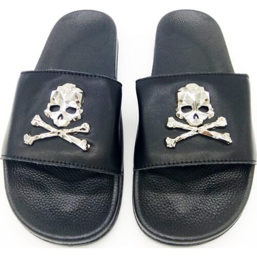 Womens Summer Couple Cow leather Sandals Black Skull Designer Slippers Women Slides Indoor Home Shoes Flip-flops Big Size 45