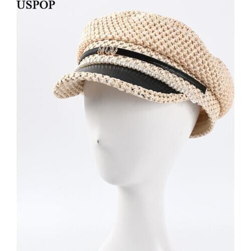 USPOP Newsboy caps women straw caps flat visor cap pearl military cap